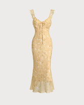 Yellow Floral Ruched Ruffle Midi Dress