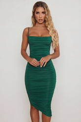 Cowl Neck Ruched Bodycon Midi Dress in Green
