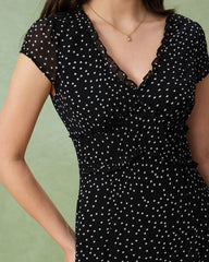 Black V Neck Polka Dot Midi Dress