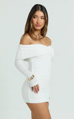 Virginia Mini Dress - Off Shoulder Sheer Sequin Knit Dress in White