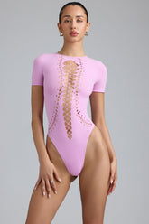 Lace-Up Bodysuit in Violet Pink