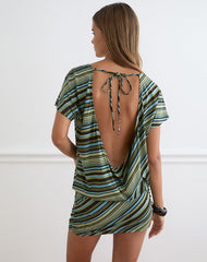 Amelina Mini Dress in Mixed Stripe Green