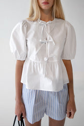 PUFF SLEEVE COTTON POPLIN BOW FRONT BLOUSE