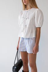 PUFF SLEEVE COTTON POPLIN BOW FRONT BLOUSE