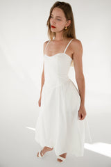 COTTON POPLIN V-WAIST BUBBLE HEM MIDI DRESS
