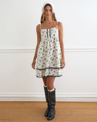 Gal Mini Dress in Ditsy Leaf Rose Navy