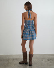 Panja Mini Halter Neck Dress in Medium Tartan Blue