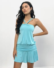 Ramira Drop Waist Mini Dress in Cupro Aqua