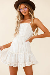 Eve Ruffle Hem Linen Blend Dress White/Mocha Stripe