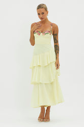 Rose Garden Tiered Ruffle Floral Trim Dress Lemon
