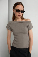 ASYMMETRICAL OFF THE SHOULDER CAP SLEEVE SWEATER