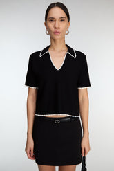CROPPED COLLARED V-NECK SHORT SLEEVE SWEATER