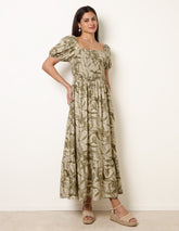 Large Floral Printed Square Neck Puff Sleeve Dress