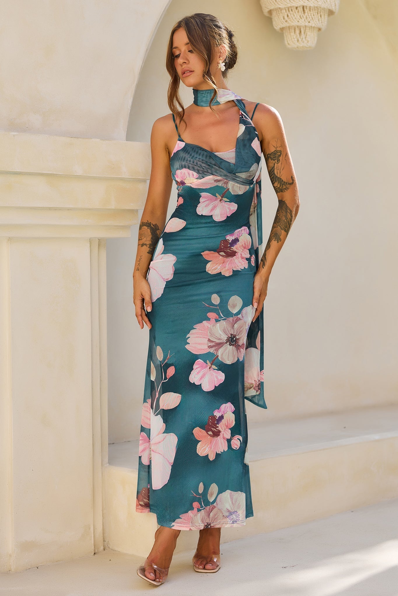 Midnight Bloom Mesh Maxi Dress - Green Multi