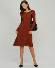 Brown Scalloped A-Line Sweater Dress