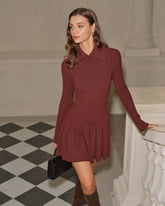 Coffee A-Line Pleated Sweater Dress