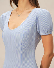 Blue V Neck Puffed Sleeve Striped Maxi Dress