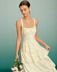 Yellow Floral Ruched Slip Maxi Dress