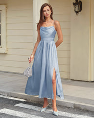 Blue Satin Ruched Slip Maxi Dress