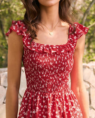 Red Square Neck Floral Midi Dress