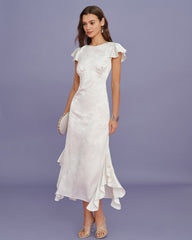Beige Boat Neck Jacquard Ruffle Midi Dress