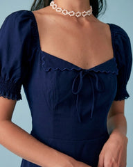 Navy V Neck Puffed Sleeve Midi Dress
