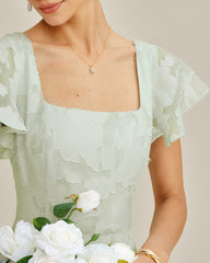Green Square Neck Floral Textured Midi Dress