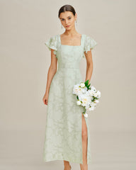 Green Square Neck Floral Textured Midi Dress