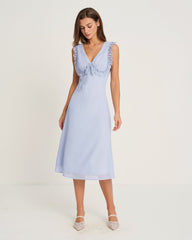 Blue V Neck Midi Dress