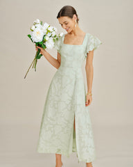 Green Square Neck Floral Textured Midi Dress