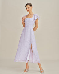 Purple Square Neck Jacquard Midi Dress