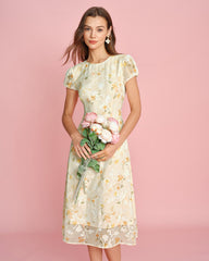 Yellow Puffed Sleeve Jacquard Midi Dress