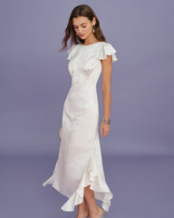 Beige Boat Neck Jacquard Ruffle Midi Dress