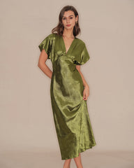Green V Neck Pleated Floral Midi Dress