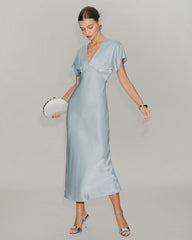 Blue V Neck Cowl Sleeve Satin Midi Dress