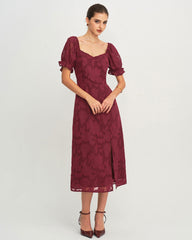 Wine Red Jacquard Slit Midi Dress