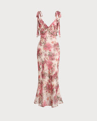 Pink Floral Ruffle Tie Strap Midi Dress