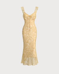 Yellow Floral Ruched Ruffle Midi Dress
