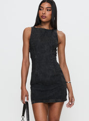 Chatter Buckle Side Denim Mini Dress Charcoal