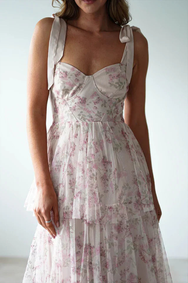 Tie Up Floral Print Tiered Maxi Dress