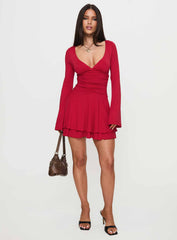 Canino Long Sleeve Mini Dress Red
