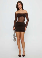 Briseida Mesh Long Sleeve Mini Dress Chocolate