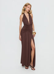 Diona Halter Ruched Maxi Dress Brown