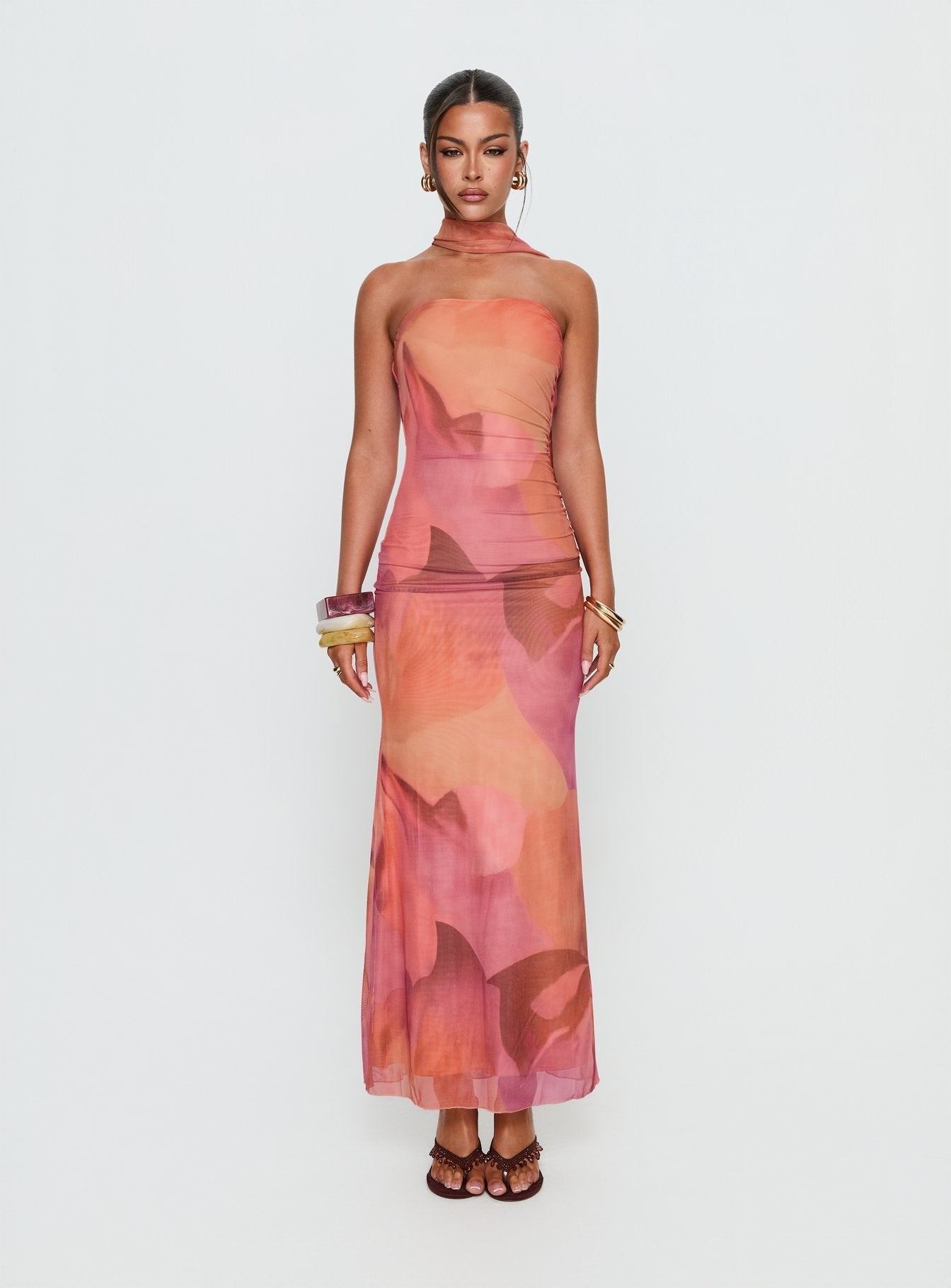 Davynn Scarf Detail Strapless Maxi Dress Pink Multi