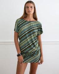 Amelina Mini Dress in Mixed Stripe Green
