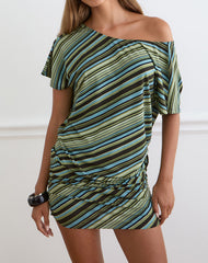 Amelina Mini Dress in Mixed Stripe Green