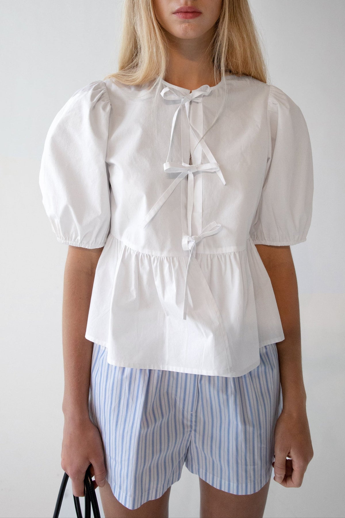 PUFF SLEEVE COTTON POPLIN BOW FRONT BLOUSE