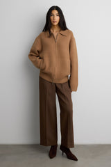 KNIT COLLARED ZIP-UP CARDIGAN