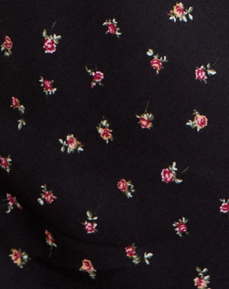 Posine Maxi Dress in Black with Red Rose Ditsy Print