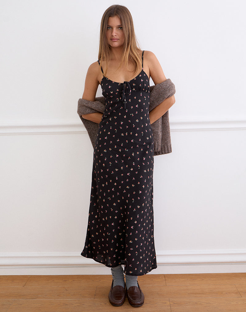 Posine Maxi Dress in Black with Red Rose Ditsy Print
